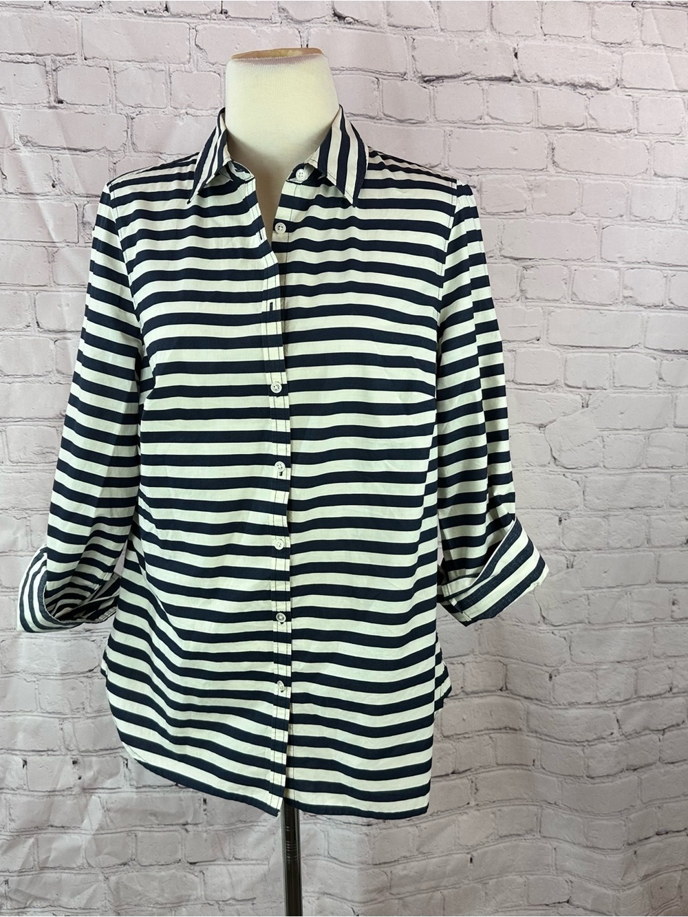 Talbots nautical Navy Striped Button-up cotton Shirt women 10 classic office